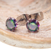 Halobes implant titanium earrings with 4mm VM CZ accents, 20g gauge, suitable for piercings and sensitive ears.