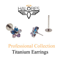Pair of Halobe push fit CZ flower earrings, 6mm, made with 20g weight, showcasing delicate floral design and sparkling stones.