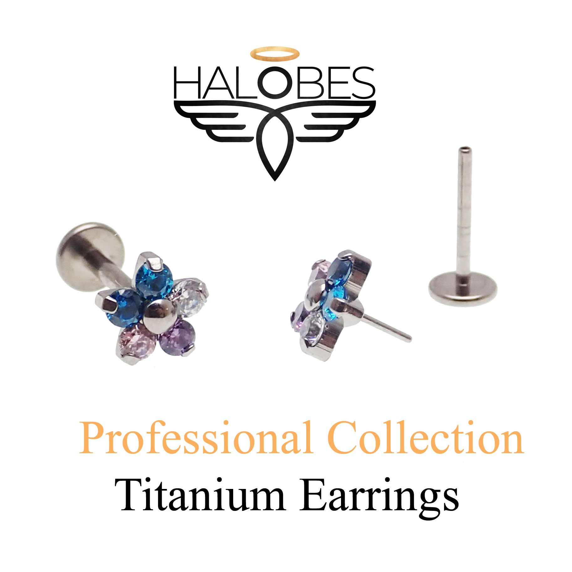 Pair of Halobe push fit CZ flower earrings, 6mm, made with 20g weight, showcasing delicate floral design and sparkling stones.