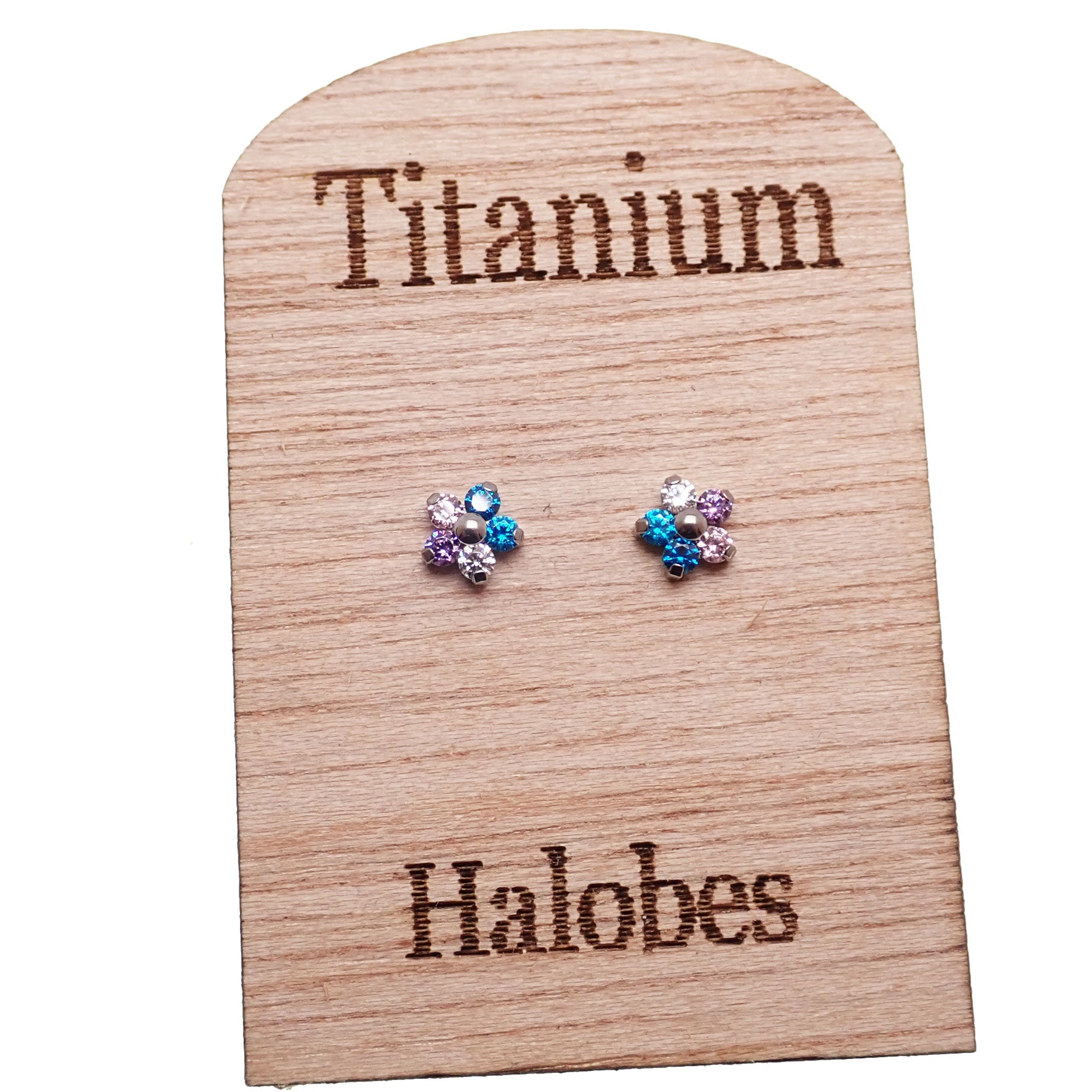 Pair of Halobe push-fit CZ flower earrings in 20g with 6mm floral design, showcasing sparkling cubic zirconia details.