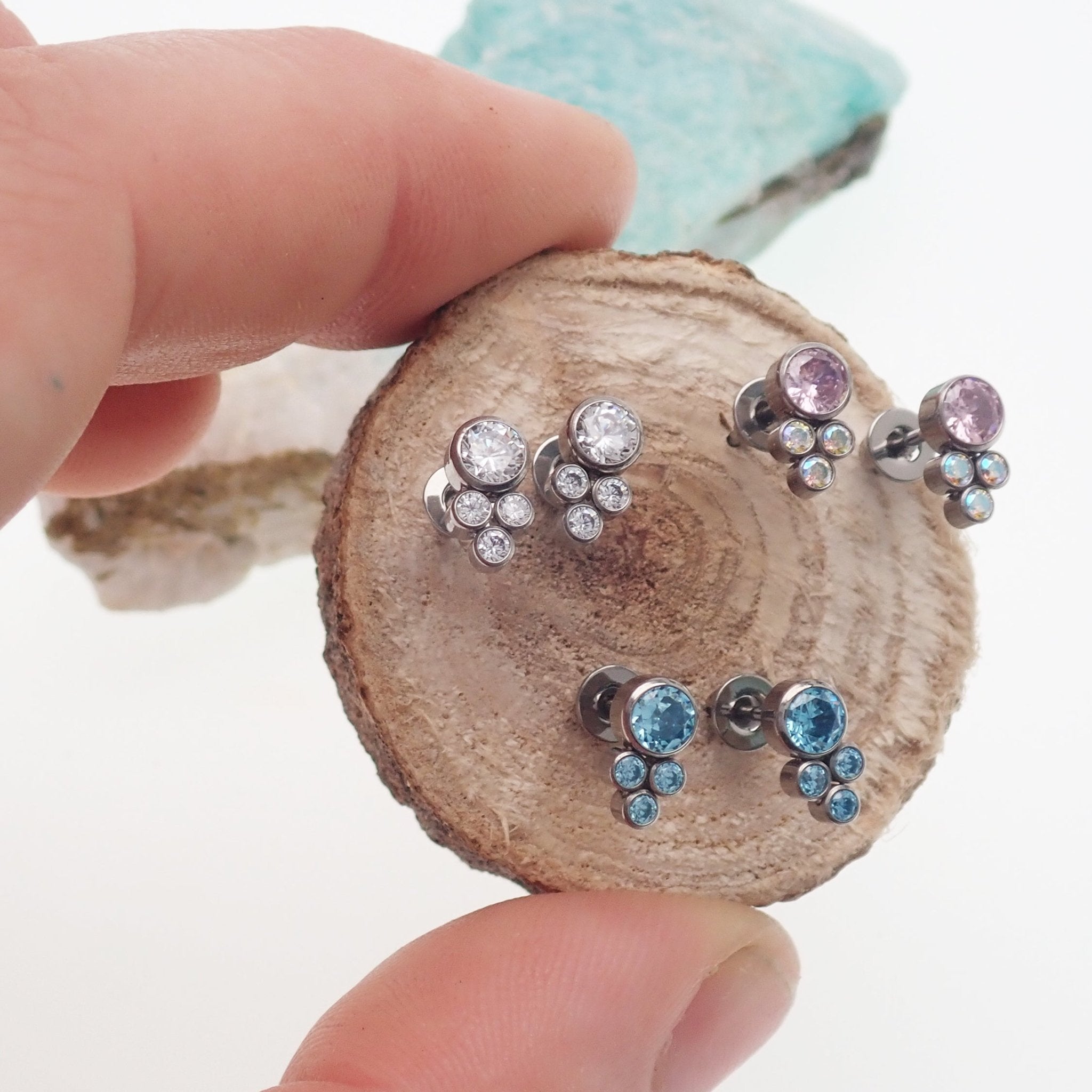 Blue titanium implant earrings by Halobes with CZ cluster design, 20g pair of stylish earrings for pierced ears.