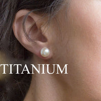Titanium earrings by HALOBES with Swarovski blush pearls, featuring elegant and lightweight jewelry design.