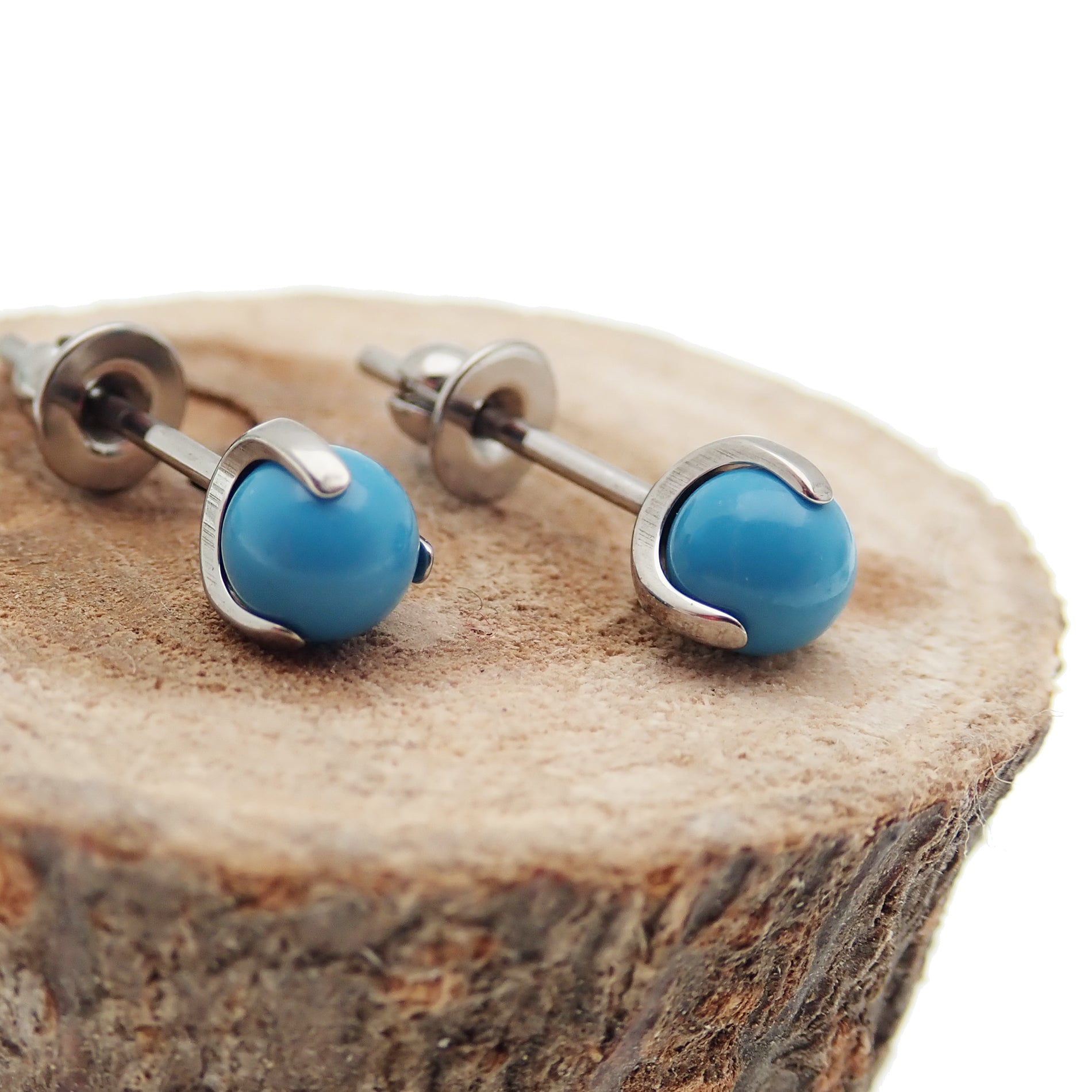 Halobes titanium stud earrings with natural jade stone, 20g pair, sleek implant titanium jewelry for pierced ears.