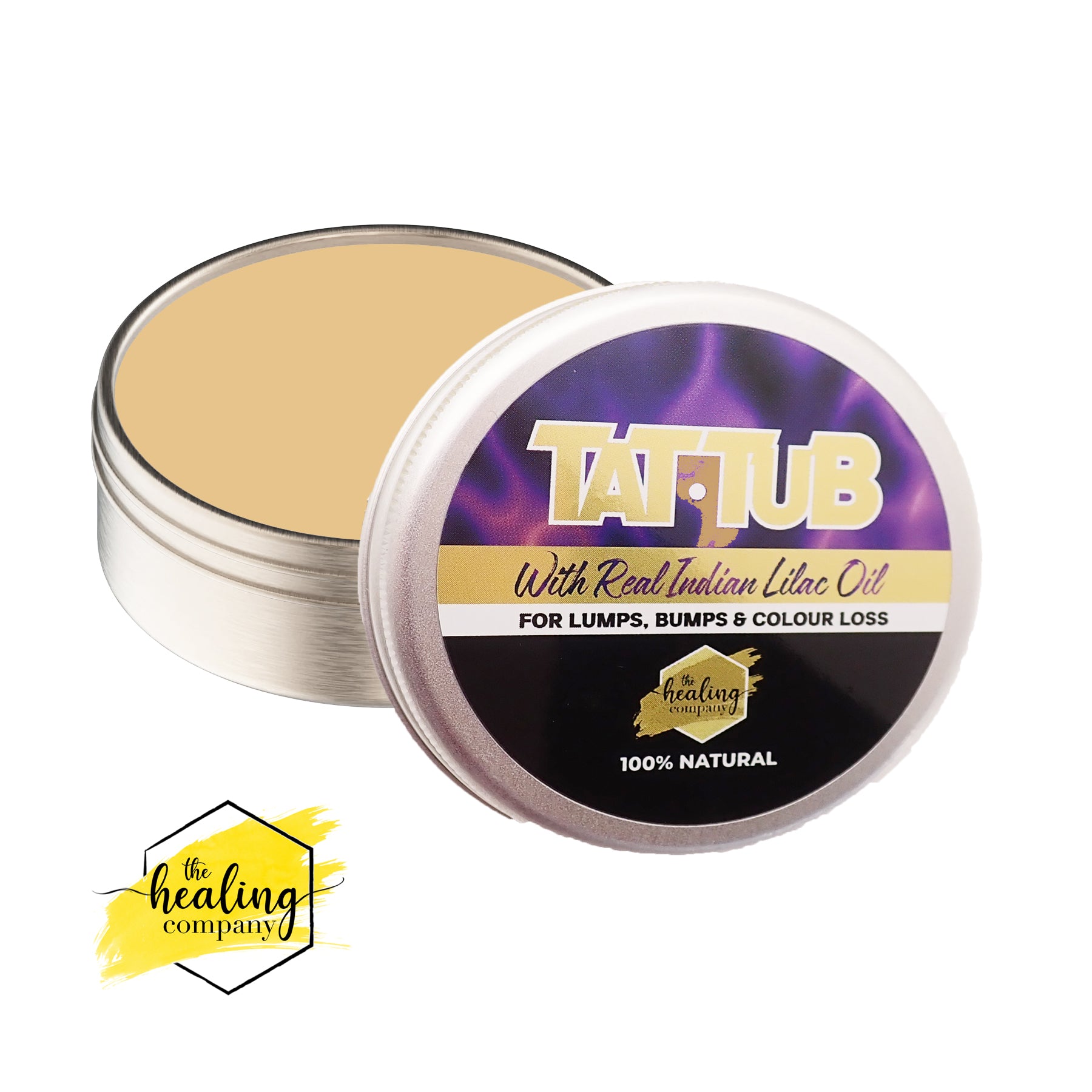 Healing Company Tat Tub Luxury Tattoo Butter 75g held in hand, creamy tattoo healing balm for new tattoos and skin nourishment.