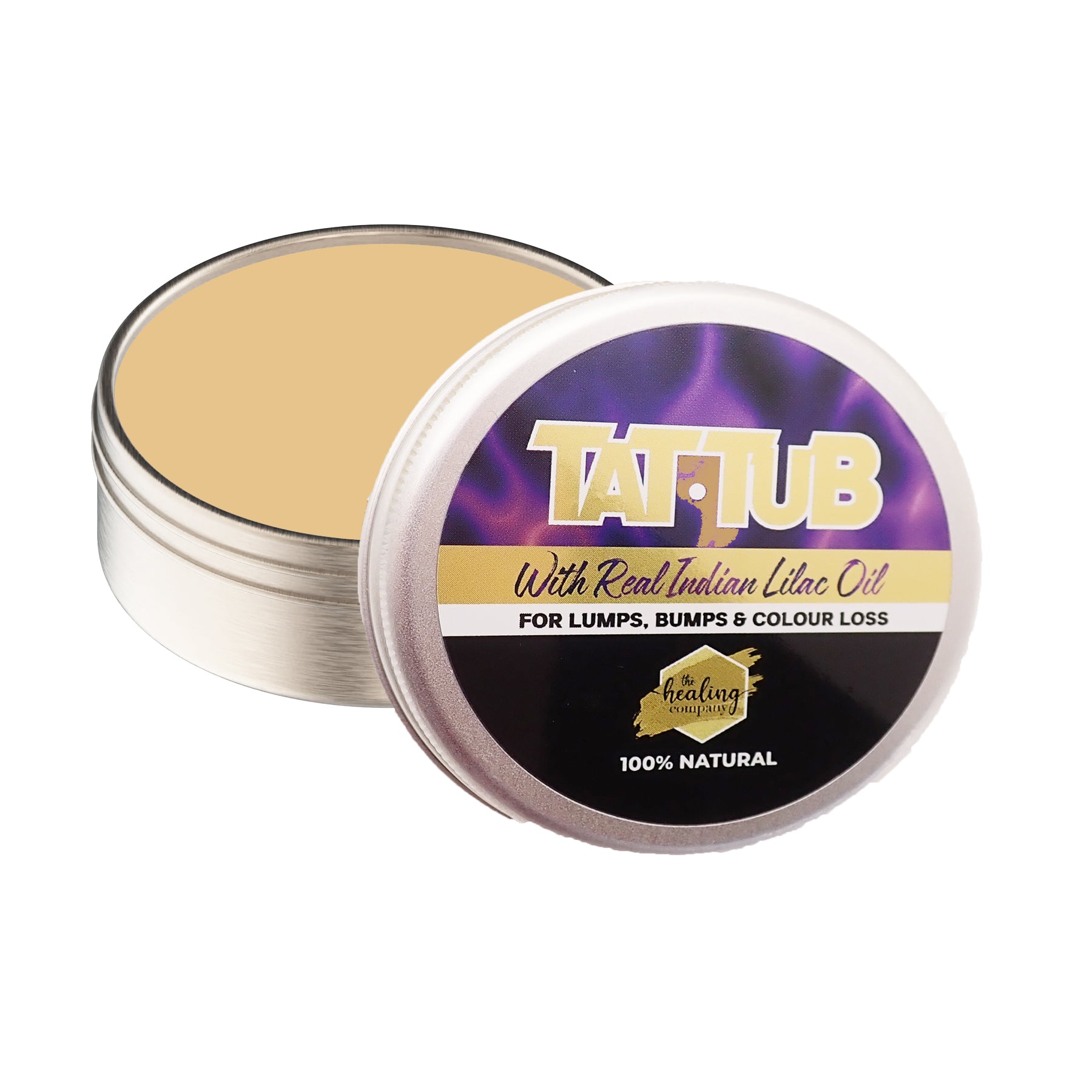 Healing Company Tat Tub Luxury Tattoo Butter 75g jar with a white lid, designed for tattoo aftercare and skin nourishment.