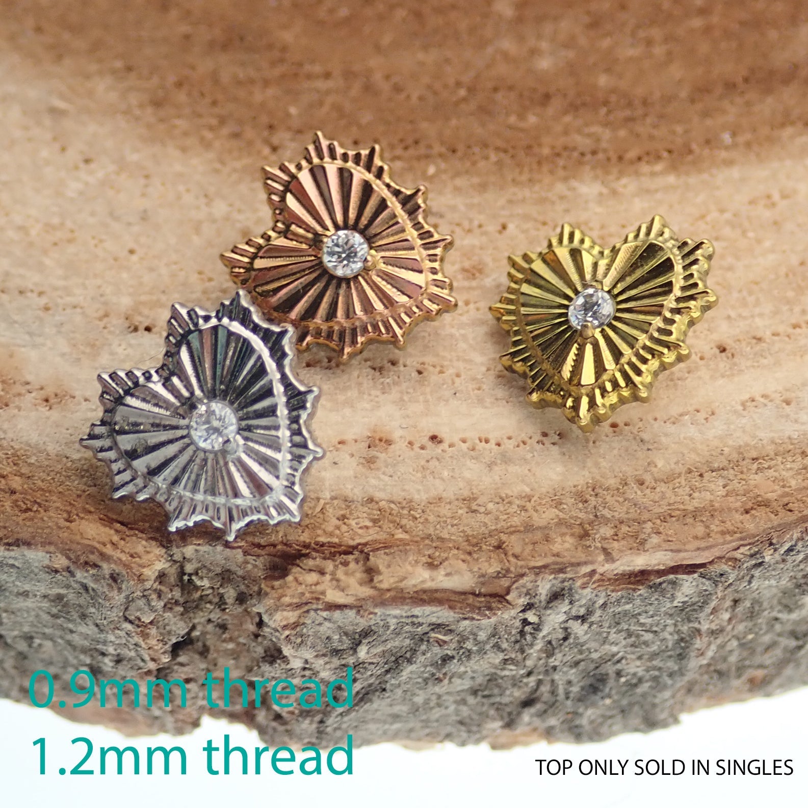 Magpie Explosive Heart Titanium Top internally threaded ear attachment in 16g (0.9mm) for piercing jewelry.