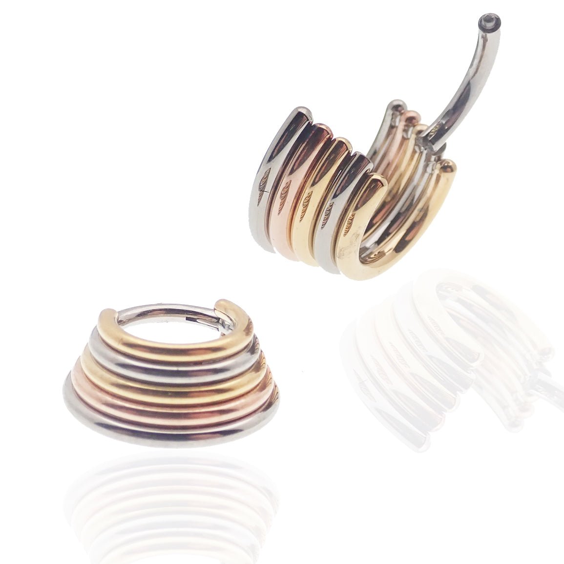 Magpie stacked trio metal titanium clicker in 14g or 16g with 8mm diameter, featuring a sleek, layered design for piercing jewelry.
