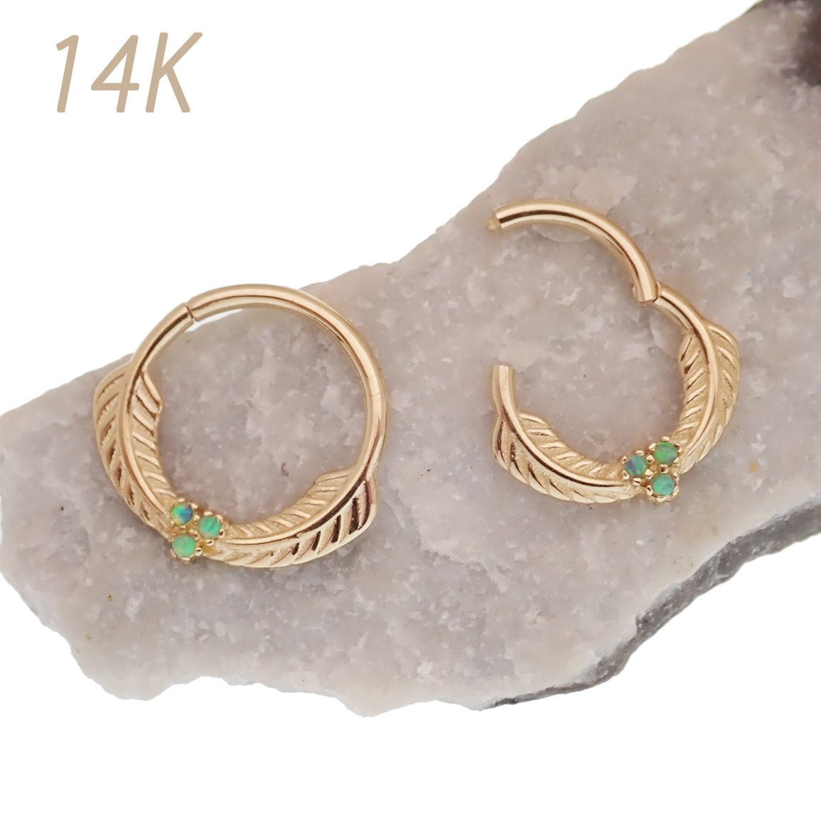 14k solid gold feather and opal hinged clicker earring, 16g, featuring green leaf design by Magpie.