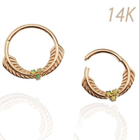 14k solid gold feather and opal hinged clicker earring in 16g with green leaf design by Magpie.