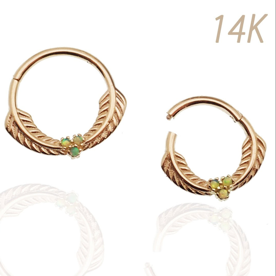14k solid gold feather and opal hinged clicker earring in 16g with green leaf design by Magpie.