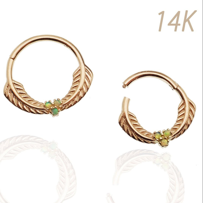 14k solid gold feather and opal hinged clicker earring in 16g with green leaf design by Magpie.