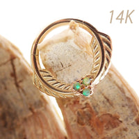 14k solid gold feather and opal hinged clicker earrings, 16g, with green leaf design by Magpie.