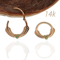 14k solid gold feather and opal hinged clicker ear cuff, 16g Magpie jewelry with green leaf design.