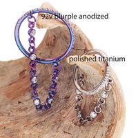 Magpie 16g hinged clicker piercing with dangle chain and CZ stones, featuring a stylish hinged design for ear or nose jewelry.