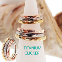 Hammered Trio metal septum clicker by Magpie, 16g and 14g, stacked design with hammered finish and 8mm size.