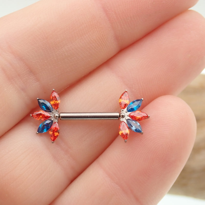 Orange & Blue CZ Flower Titanium Nipple Bar 12g, 16g, 14g