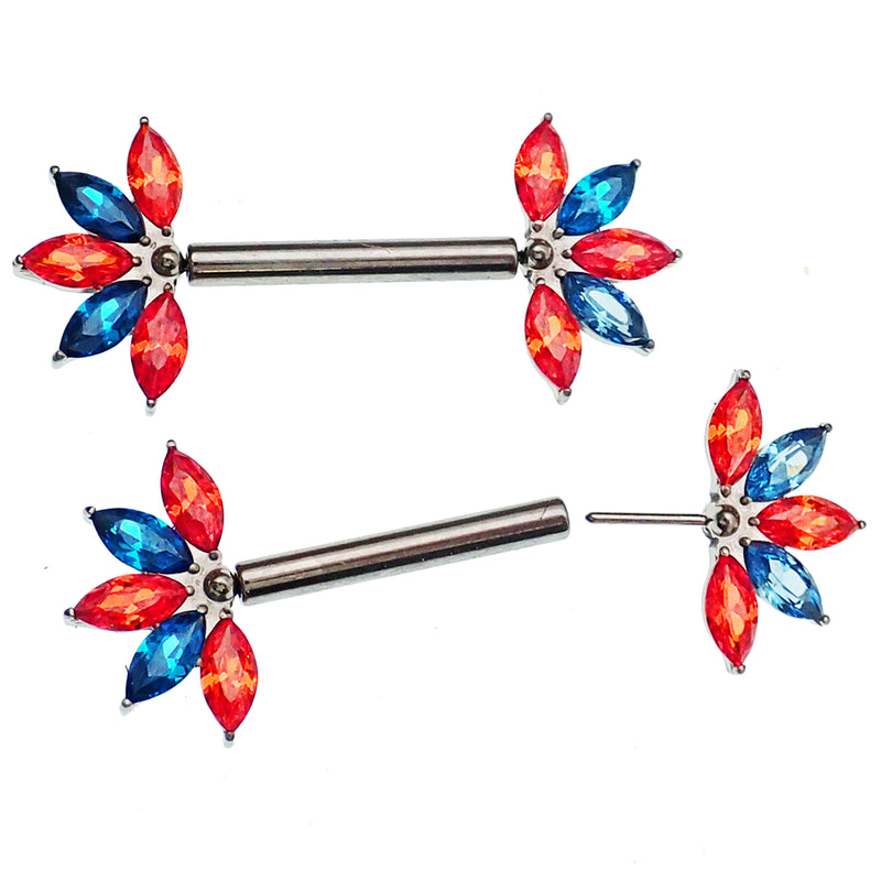 Orange & Blue CZ Flower Titanium Nipple Bar 12g, 16g, 14g