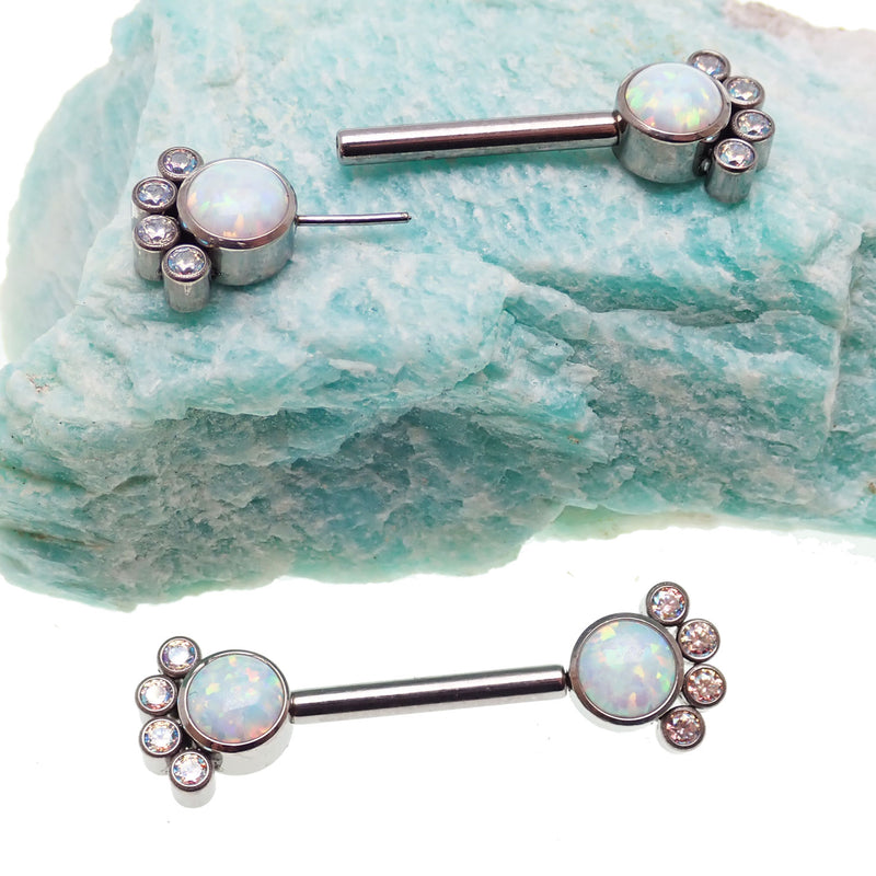 Paw Print CZ and White Opal Nipple Bar 14g