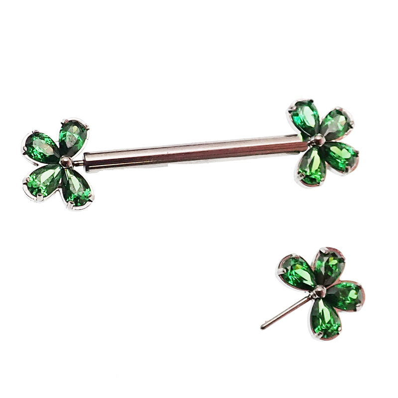 Emerald CZ Clover Titanium Nipple Bar 16g, 14g, 12g