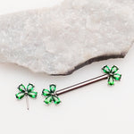 Emerald CZ Clover Titanium Nipple Bar 16g, 14g, 12g