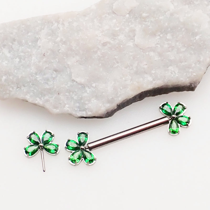Emerald CZ Clover Titanium Nipple Bar 16g, 14g, 12g