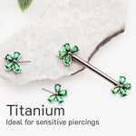 Emerald CZ Clover Titanium Nipple Bar 16g, 14g, 12g