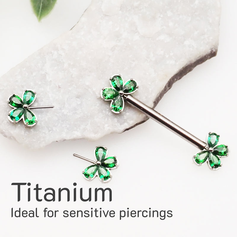 Emerald CZ Clover Titanium Nipple Bar 16g, 14g, 12g