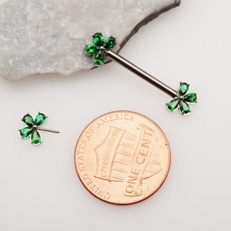 Emerald CZ Clover Titanium Nipple Bar 16g, 14g, 12g