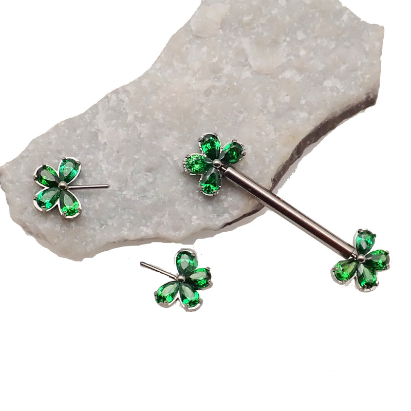 Emerald CZ Clover Titanium Nipple Bar 16g, 14g, 12g