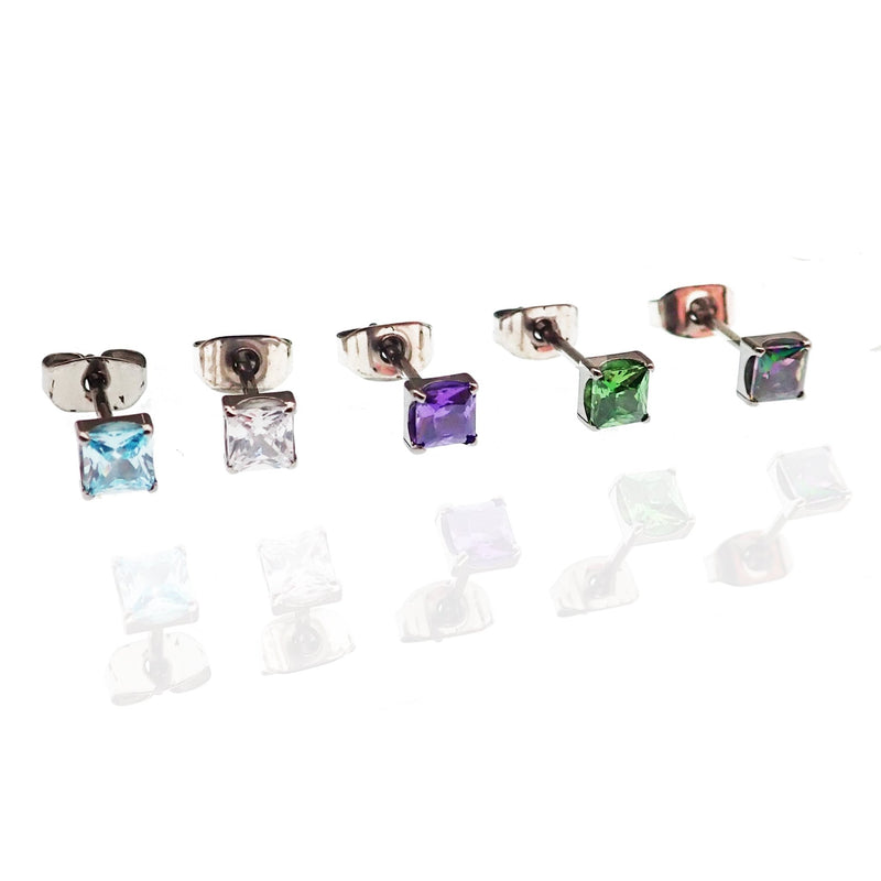 Pair of Square CZ Titanium Earrings - Body Clickers Body Jewelry