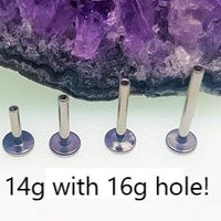 Titanium internally threaded labret post with 14g gauge, 16g hole, flat back, and 0.9mm thread for body piercing.