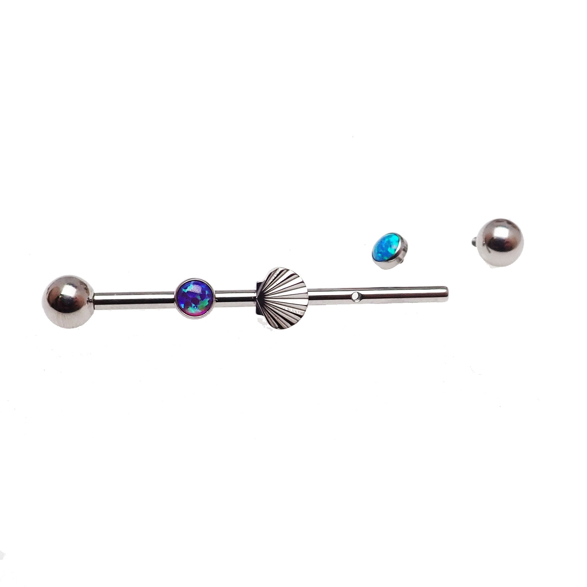 Titanium Mermaid Dreams industrial barbell piercing with 14g gauge and 32mm length, featuring a colorful mermaid design.