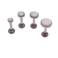 Titanium Sun & Ice White Opal flatback internally threaded nose stud in 18g, 3mm size with titanium body and white opal gemstone.