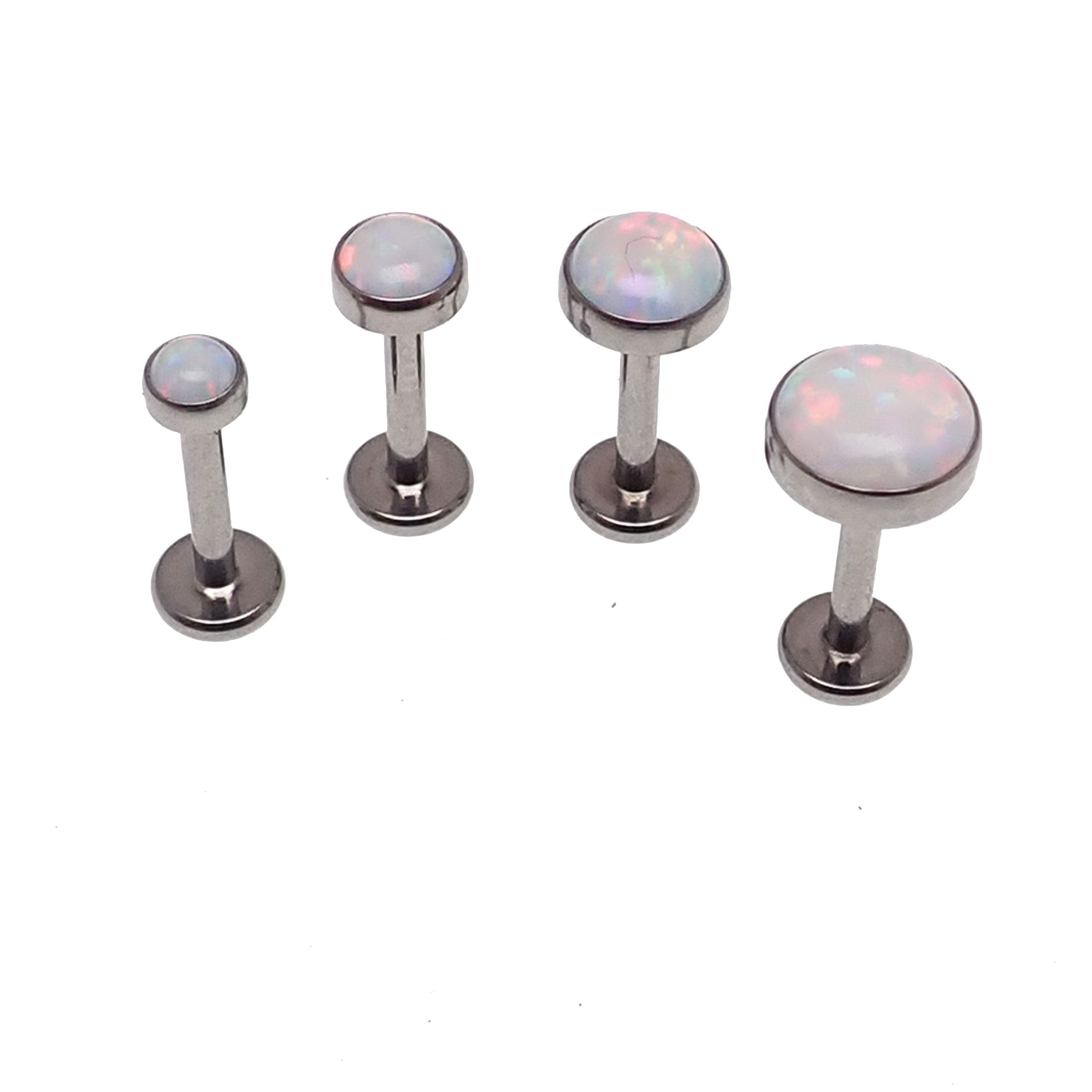 Titanium Sun & Ice White Opal flatback internally threaded nose stud in 18g, 3mm size with titanium body and white opal gemstone.