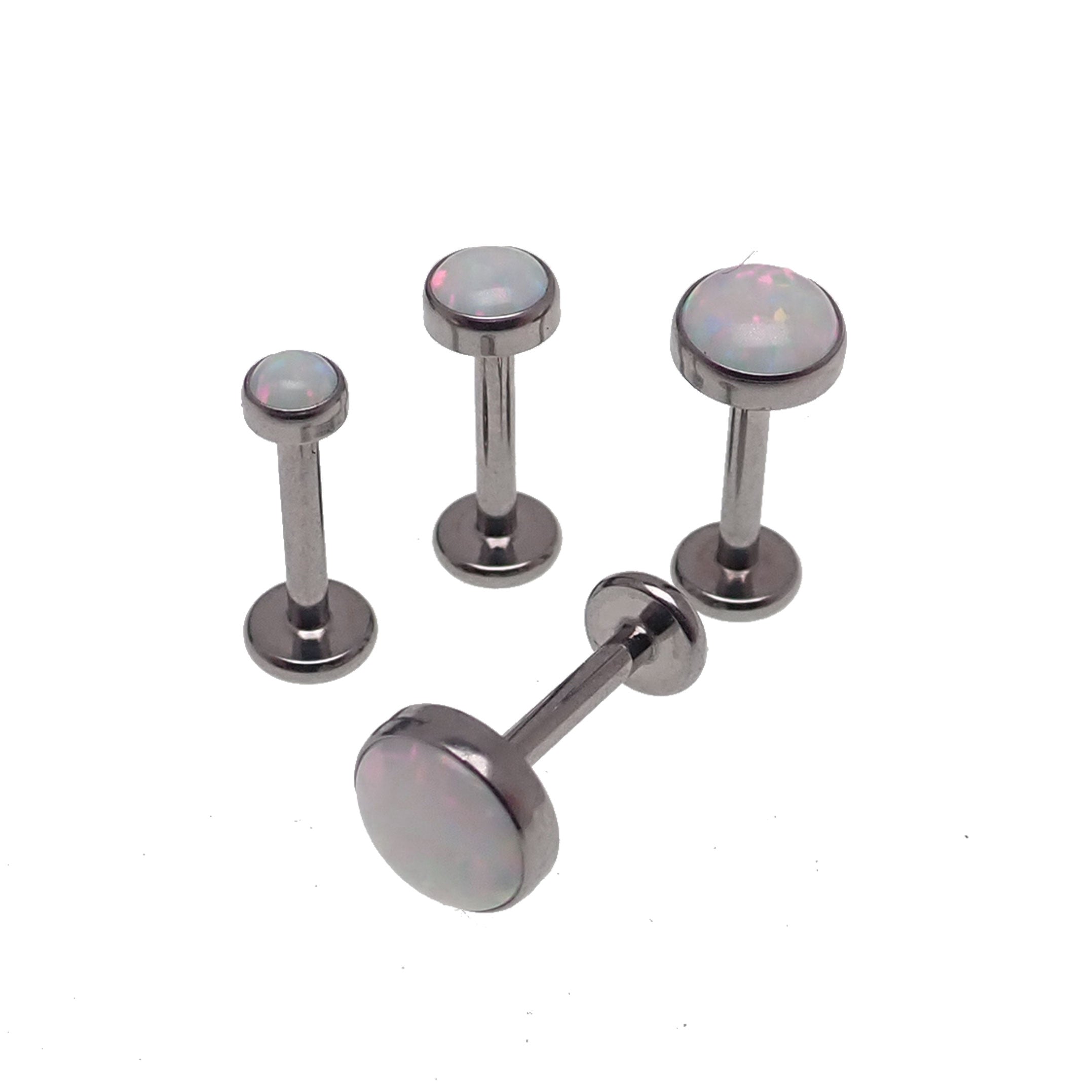 Titanium Sun & Ice White Opal 3mm internally threaded flatback body jewelry in 18g titanium with a sun and ice white opal design