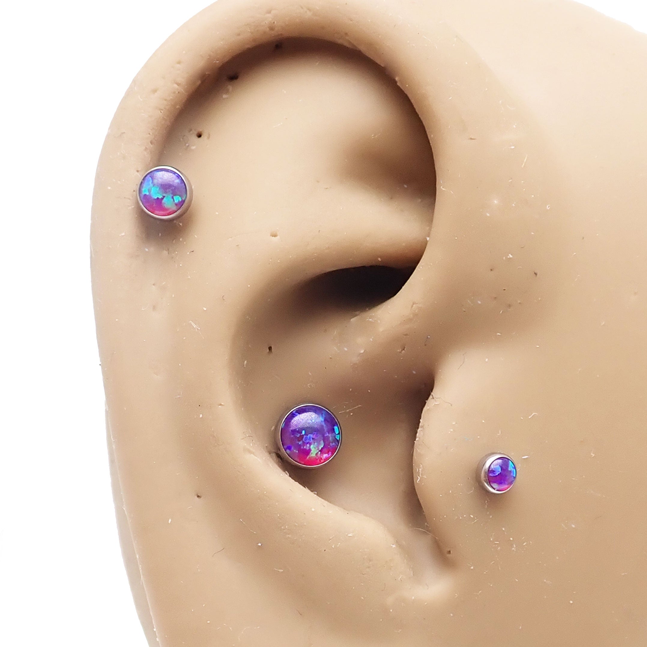Titanium Sun & Ice White Opal 3mm flatback internally threaded body jewelry, 18g size with titanium material and internal threading.
