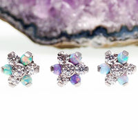 Titanium flower flatback attachment with yellow opal and cubic zirconia stones, 18G, 6mm size, suitable for body jewelry.