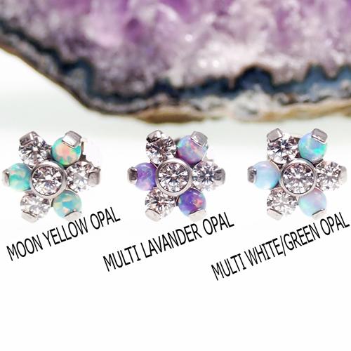 Titanium 18g flower flatback attachment with yellow opal and cubic zirconia accents, designed for body jewelry.