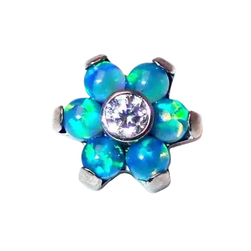 Titanium Peacock Blue Flower Attachment 16g for body jewelry, featuring a detailed blue flower design on a titanium base.