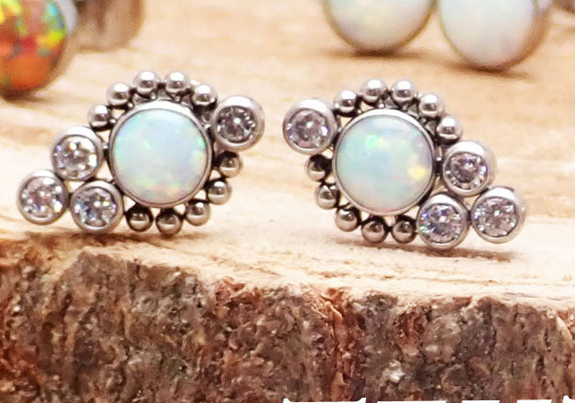Titanium Opal Beaded Earrings with silver-tone beads and titanium hooks, elegant jewelry for pierced ears.