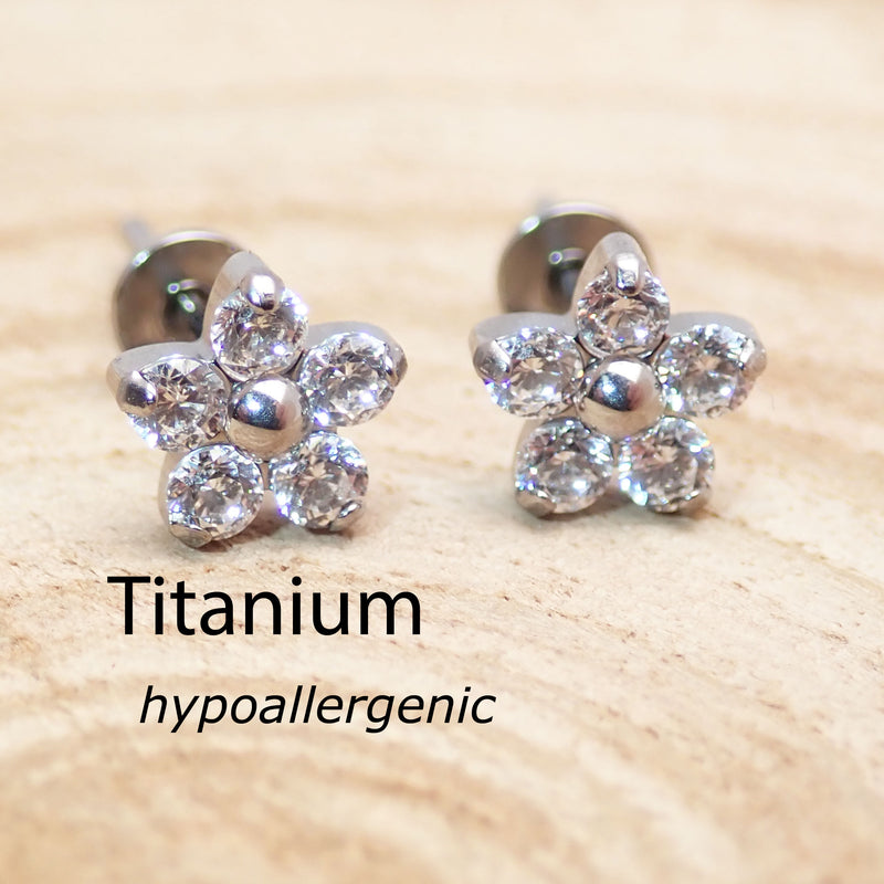 Clear CZ Flower Titanium Earrings