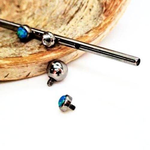 Titanium Industrial 14g implant with opal detail, stainless steel body, and 32mm length for body piercing jewelry.