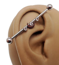 Titanium Deluxe Crystal Stone Moon Industrial Scaffold piercing with 14g gauge and 32mm length, featuring a crystal moon design.