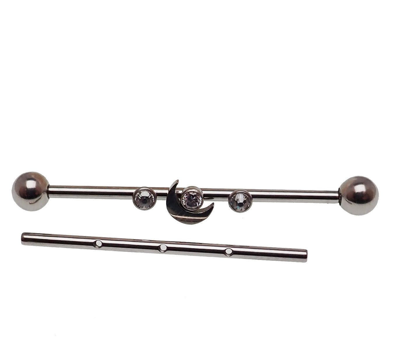 Titanium Deluxe Crystal Stone Moon Industrial Scaffold 14g jewelry piercing with intricate moon design and clear crystal accents.