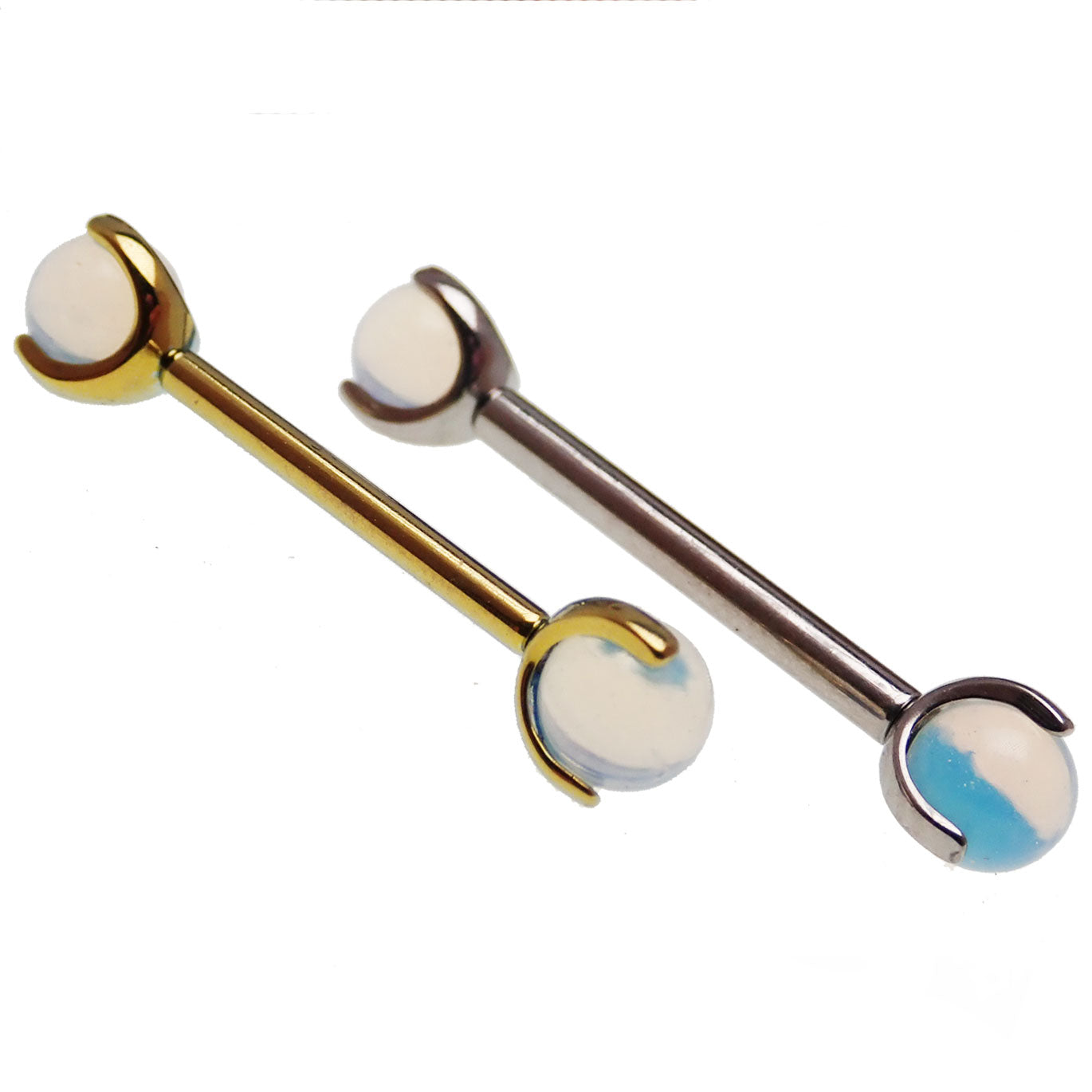 Titanium internally threaded nipple jewelry with opalite moonstone, 14g, 10mm, featuring a smooth, polished design.