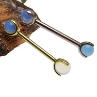 Titanium nipple jewelry with opalite moonstone, push fit design, 14g and 16g sizes, featuring smooth titanium finish and decorative moonstone.