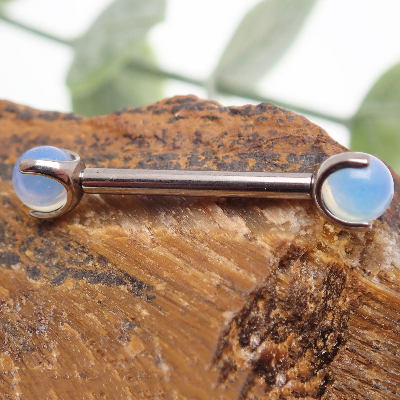 Titanium nipple jewelry with Opalite Moonstone, push-fit design, available in 14g and 16g gauges, with 10mm length.