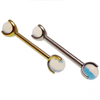 Titanium nipple jewelry with opalite moonstone, push-fit design, available in 14g and 16g gauges, sleek and modern style.