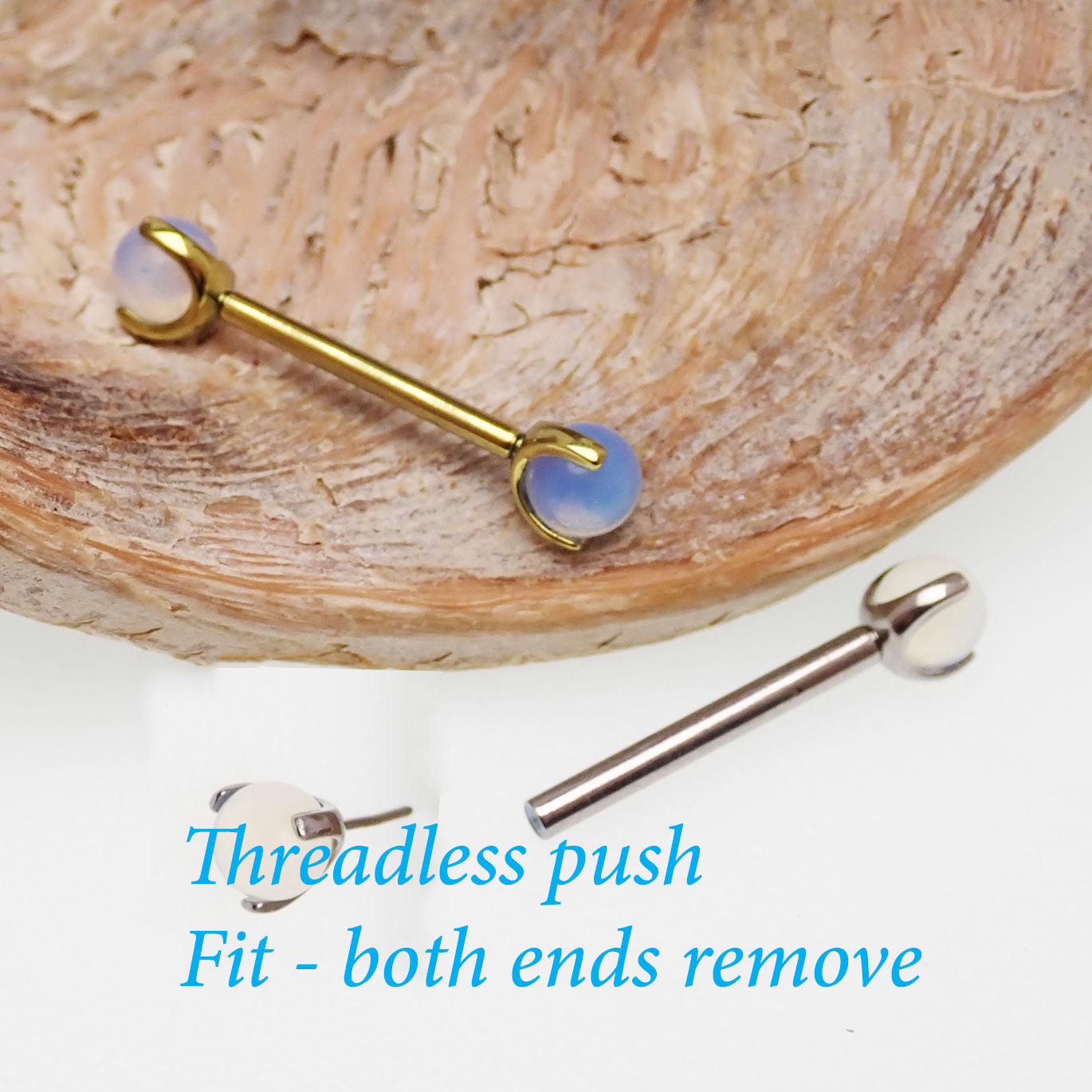 Titanium nipple jewelry with Opalite Moonstone, push-fit design, available in 14g and 16g gauges, featuring a sleek titanium finish.