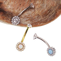 Clear CZ / Azure Blue Opal 10mm Titanium Belly Bar - 14g - Body Clickers Body Jewelry
